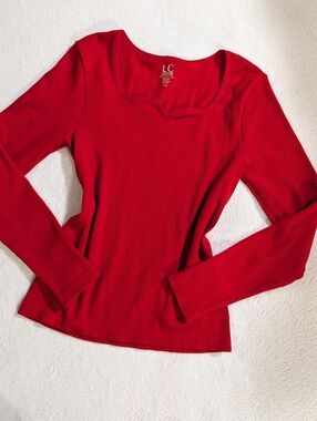 LC Couture Red Ribbed Long Sleeve Scoop Neck Top Blouse, Size Small